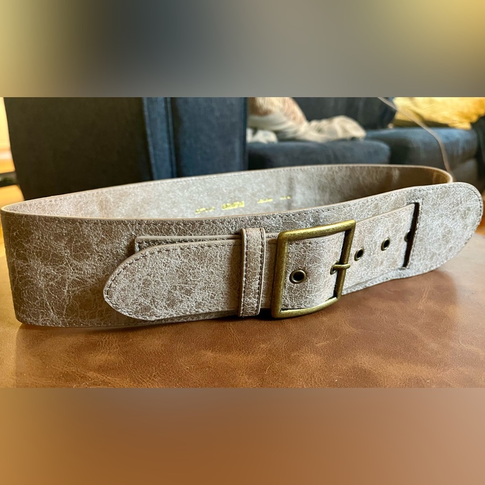 Vegan Leather Wide Statement Buckle Belt in Taupe & Bronze
